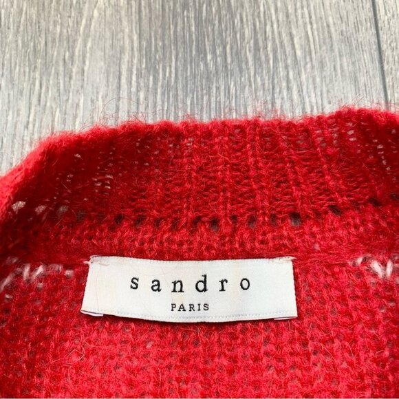 Sandro Sparks Diamond Sweater Red Plaid Mohair Size Small crew neck fluffy - Picture 7 of 11